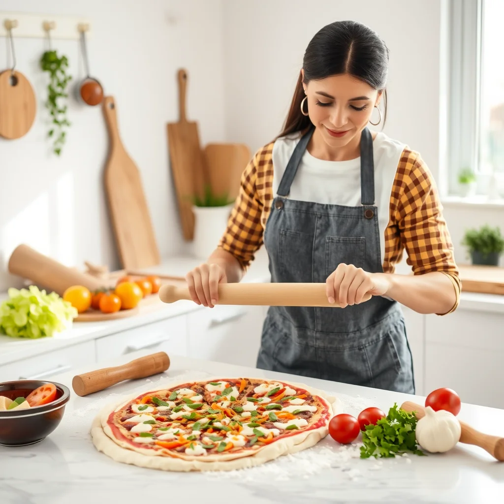 Mujer preparando masa de pizza en cocina brillante.