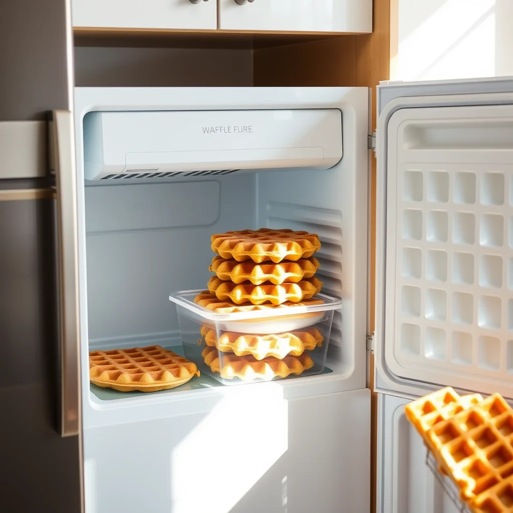 Waffles almacenados en un congelador abierto.
