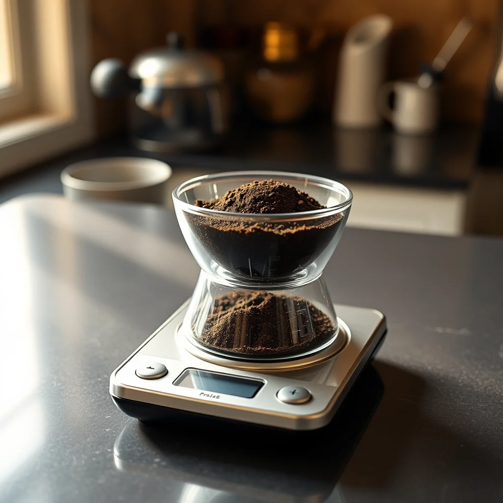 Balanza digital midiendo café en la cocina.