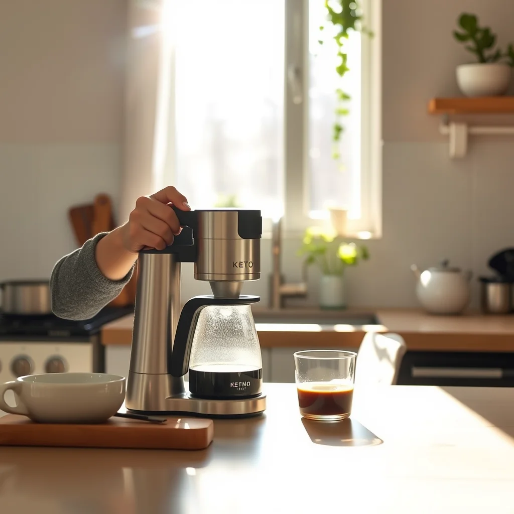 Persona preparando café en una cocina acogedora.