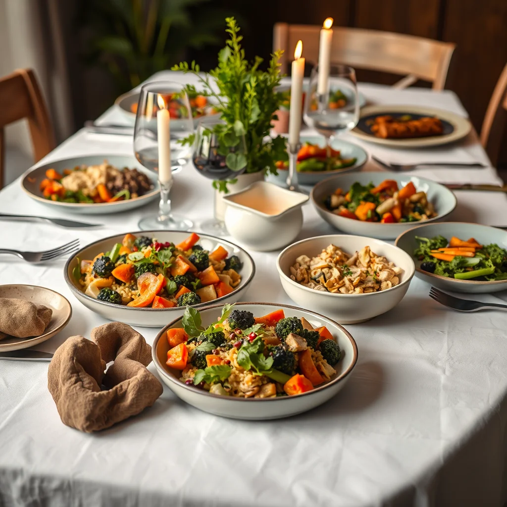 Mesa con cena vegetariana keto iluminada.