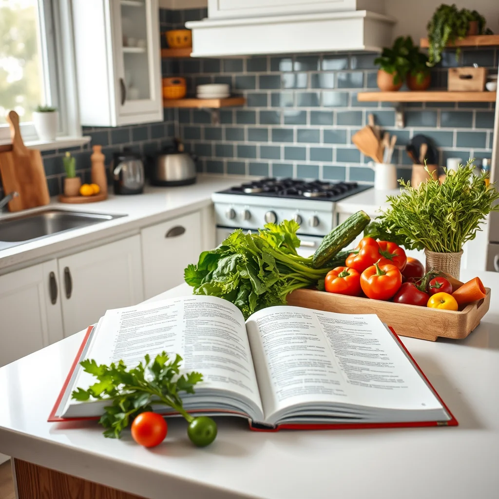 Cocina brillante con verduras frescas y libro de recetas.