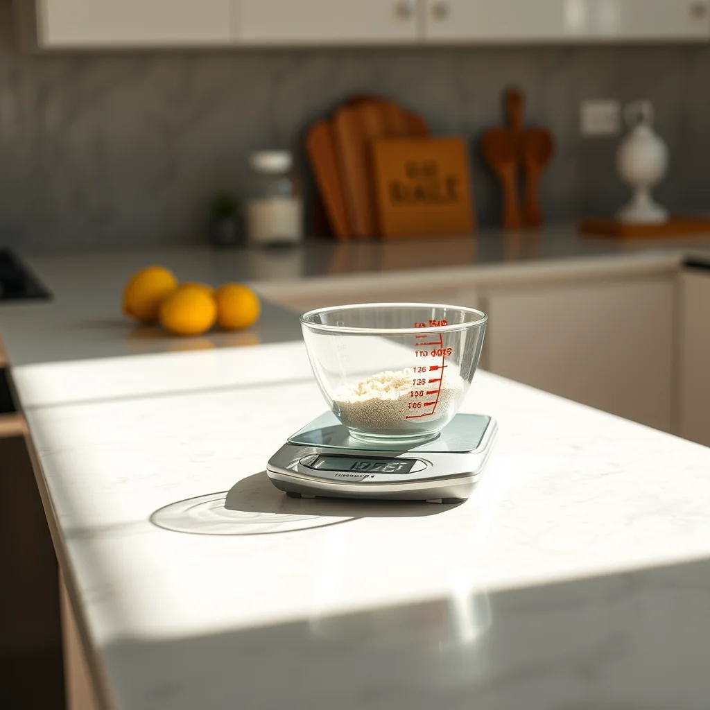 Una cocina con ingredientes medidos y luz brillante.