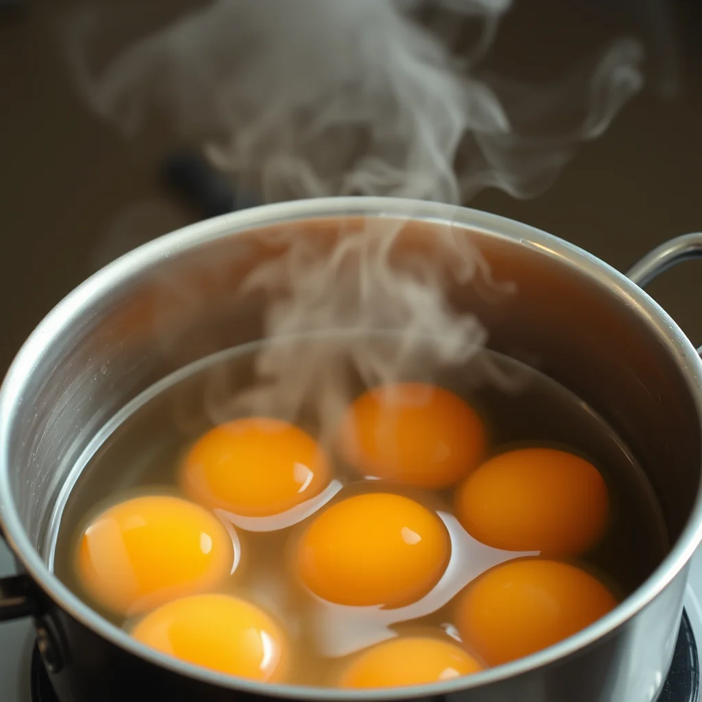 Huevos cociéndose en agua hirviendo.
