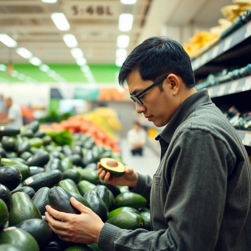 Persona eligiendo aguacates en el supermercado.