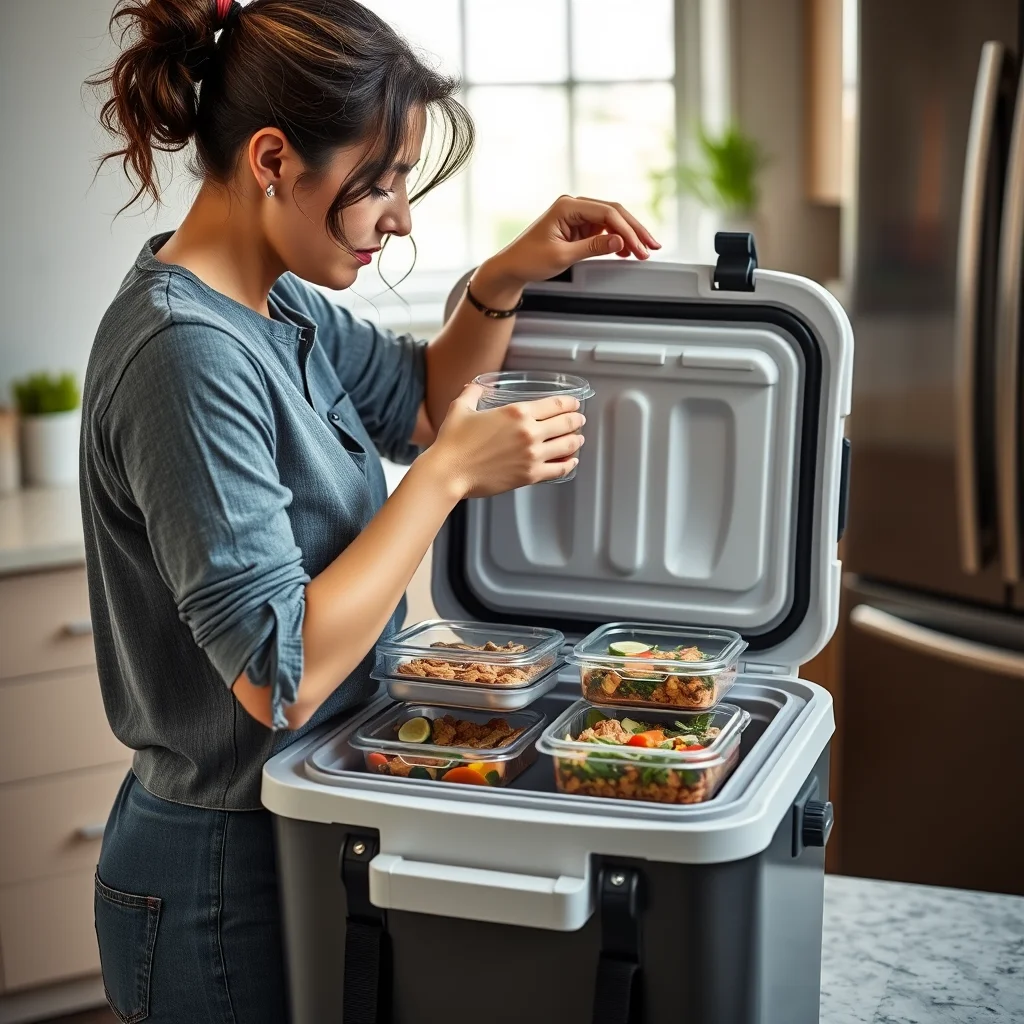 Mujer empacando comidas keto en una nevera.