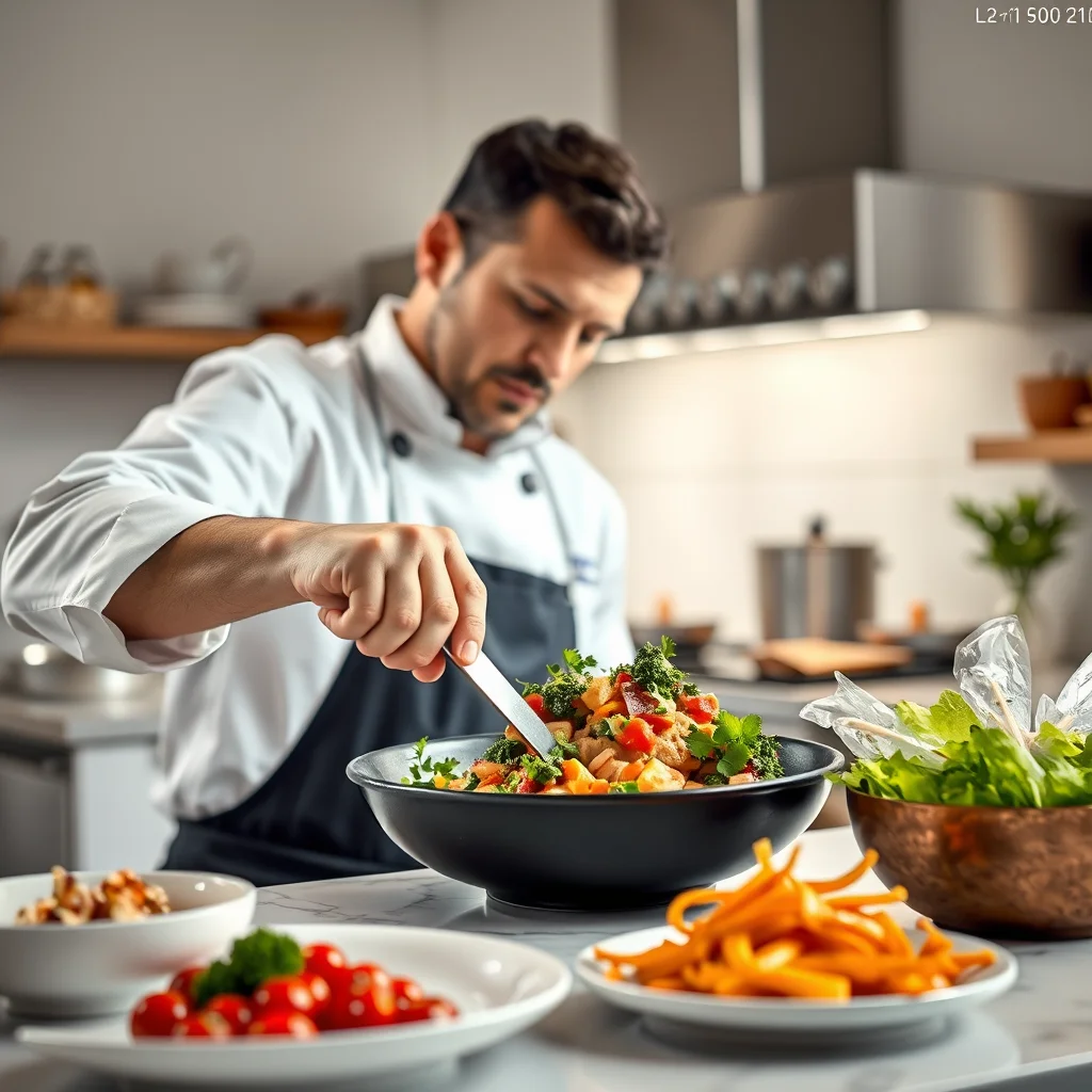 Chef cocinando un plato keto en cocina luminosa.