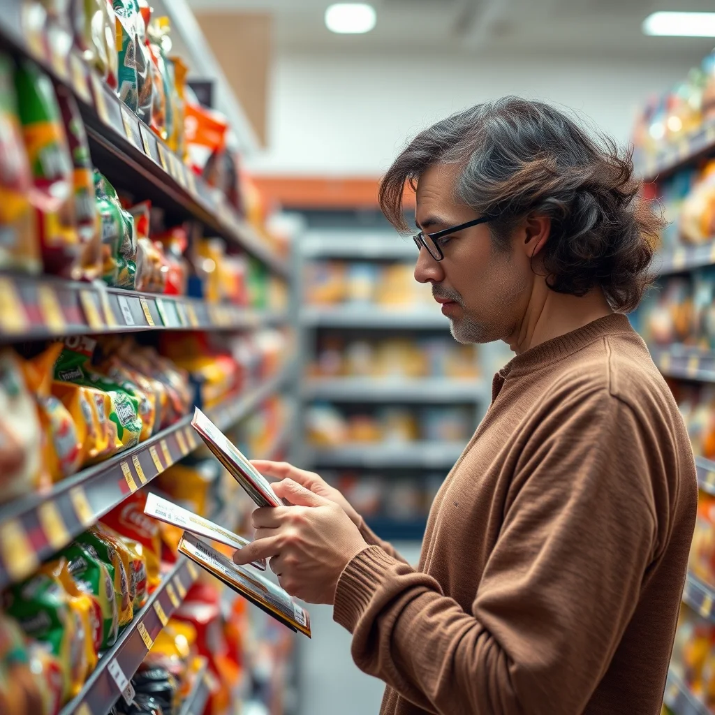 Persona revisando etiquetas de bocadillos en el supermercado.