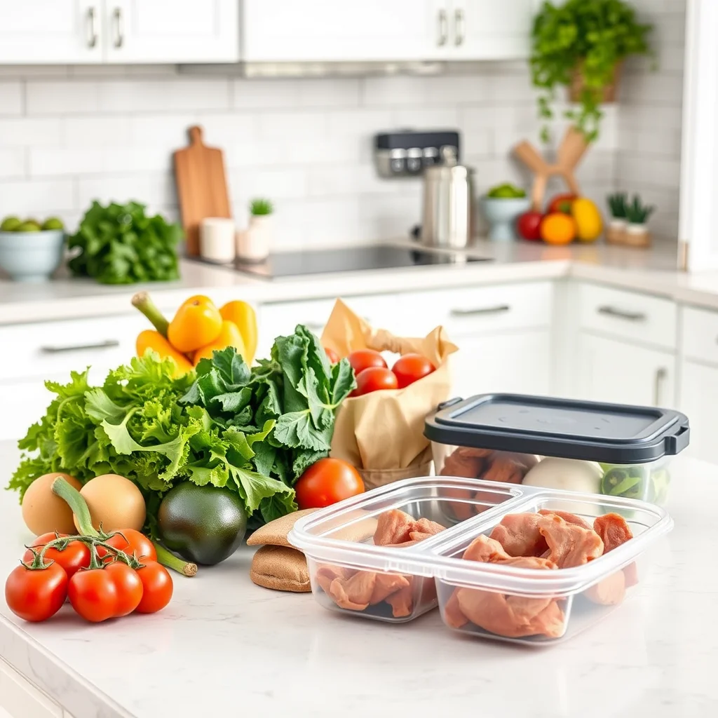 Cocina luminosa con ingredientes frescos y contenedor.