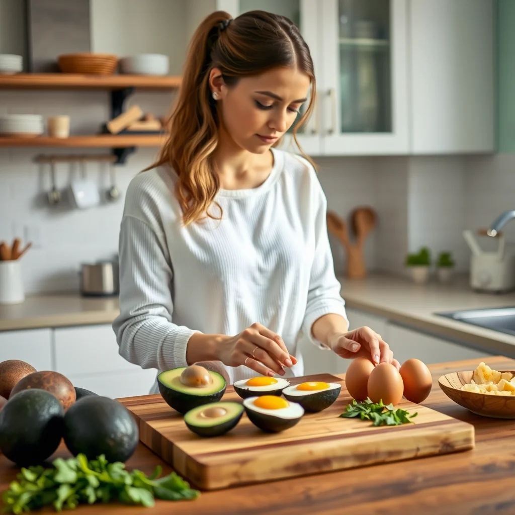 Mujer preparando desayuno keto en la cocina.