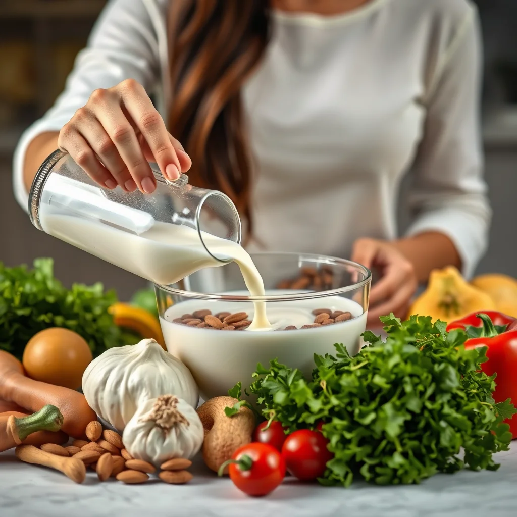 Mujer usando leche de almendra en la cocina.