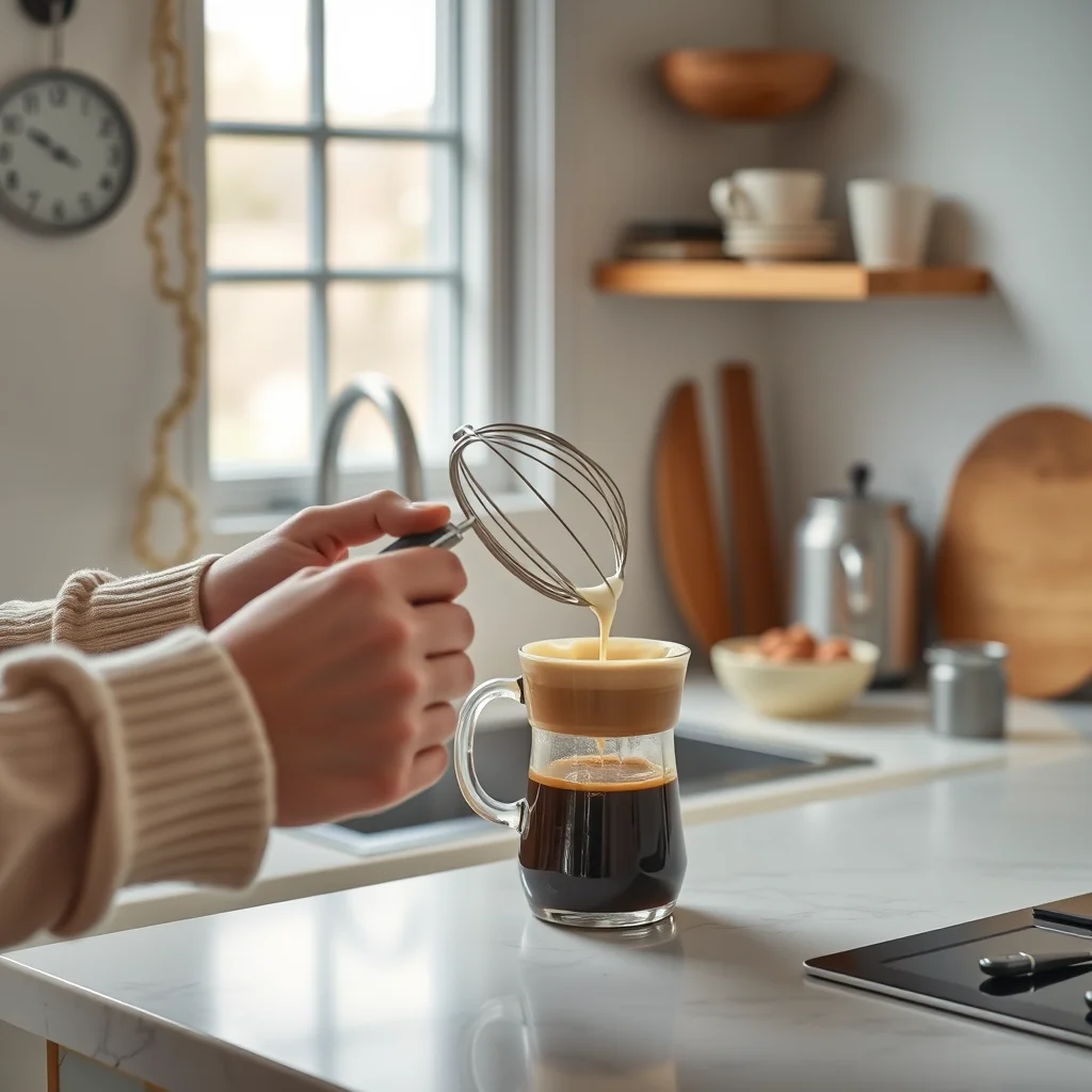 Cocina acogedora con persona batiendo café.