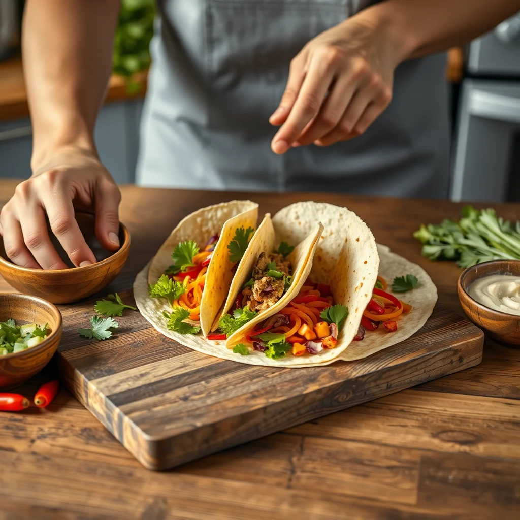Persona preparando wraps keto en la cocina.