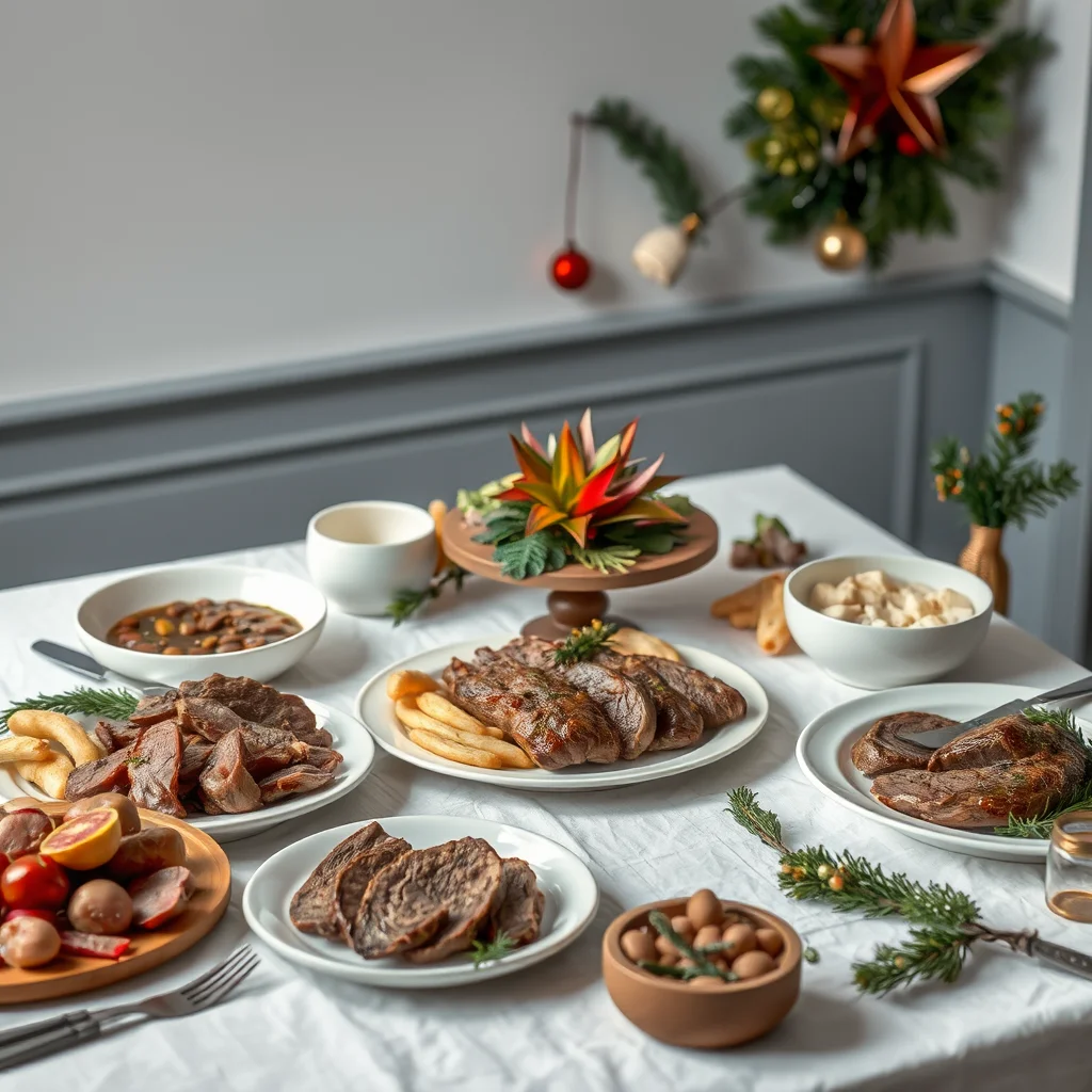 Mesa decorada con platos de carne keto.