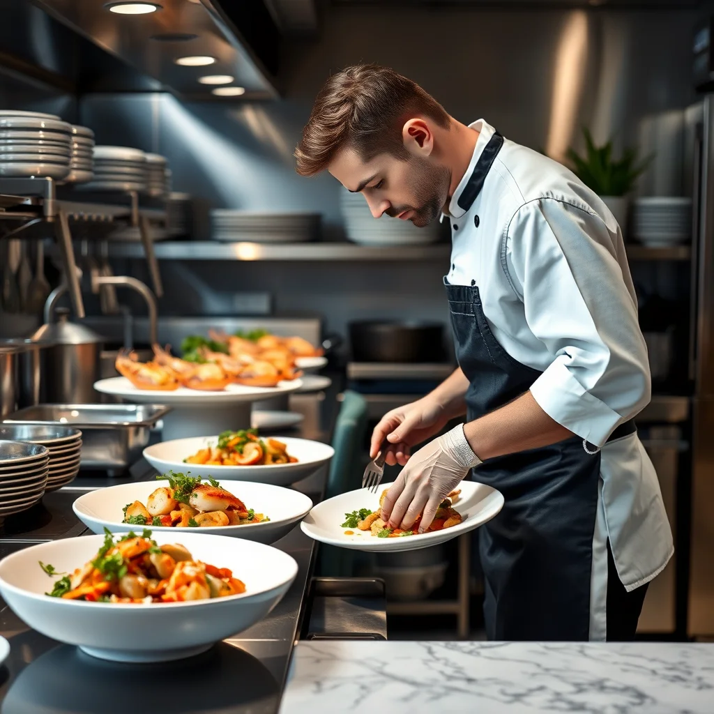 Chef cocinando mariscos gourmet en cocina moderna.