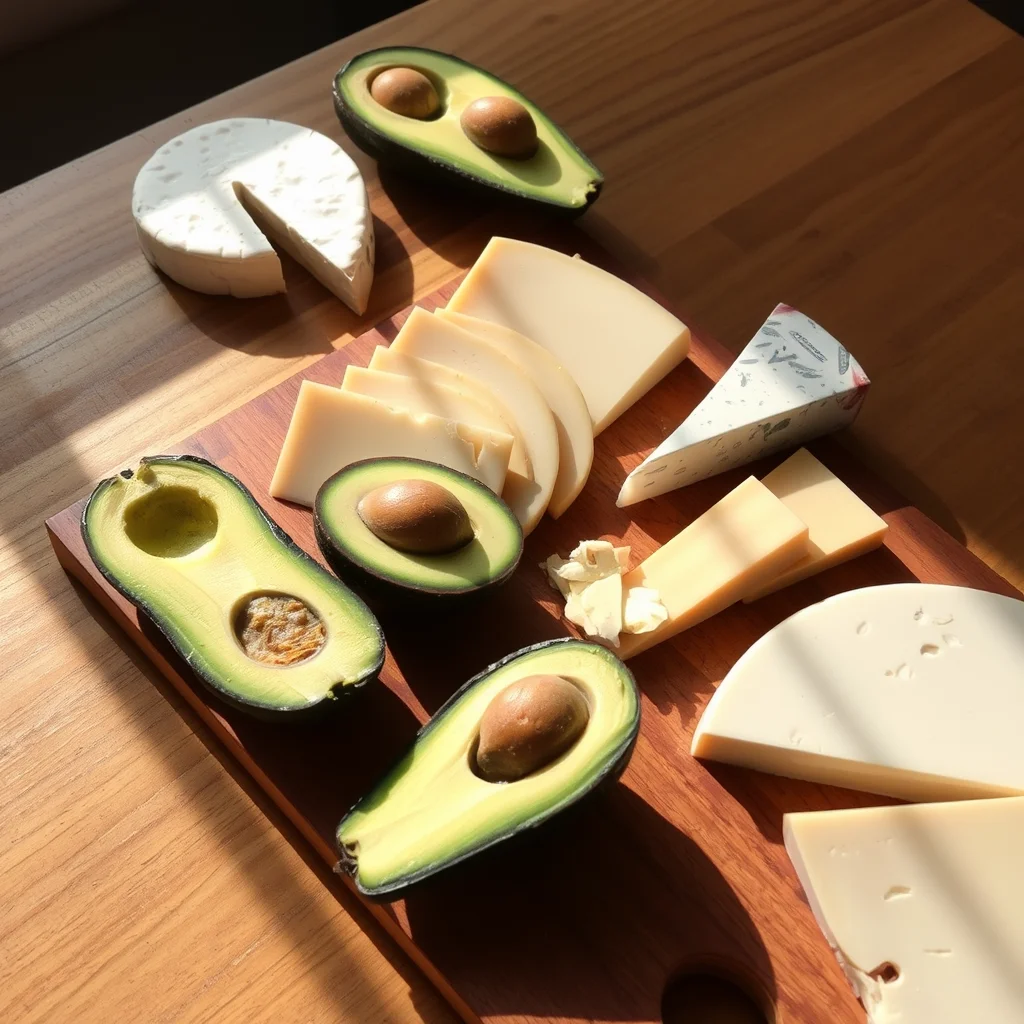 Mesa con aguacate y quesos variados.