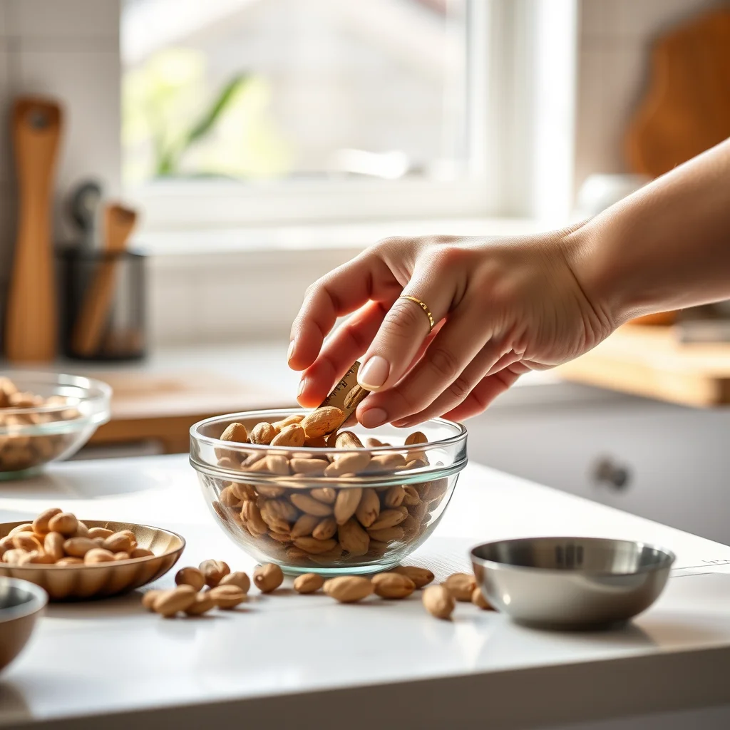 Persona midiendo frutos secos en la cocina.