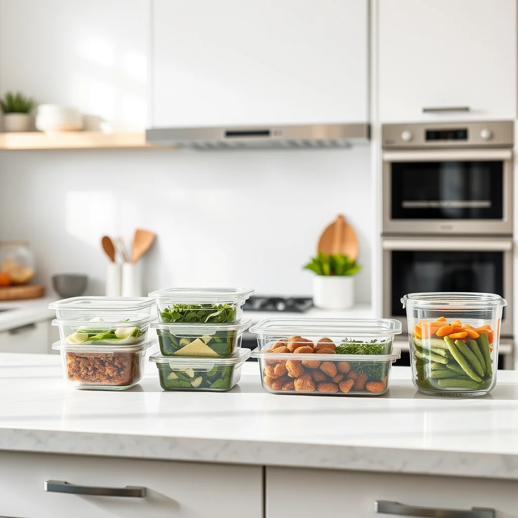 Cocina brillante con recipientes de comida ordenados.