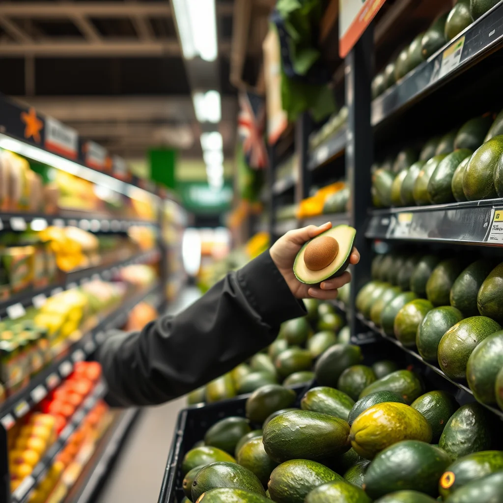 Persona eligiendo aguacates en una tienda.