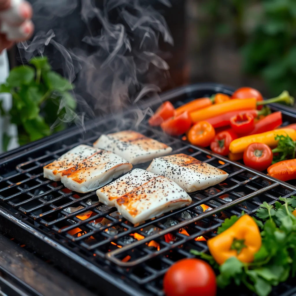 Chef asando pescado en una parrilla al aire libre.