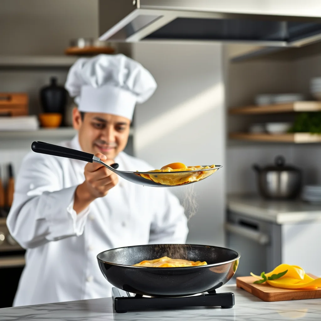 Un chef voltea un omelette dorado en la cocina.