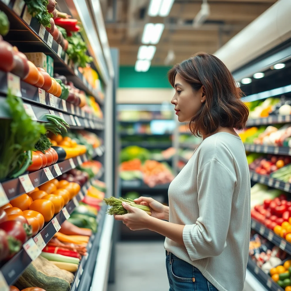 Mujer eligiendo verduras en el supermercado.