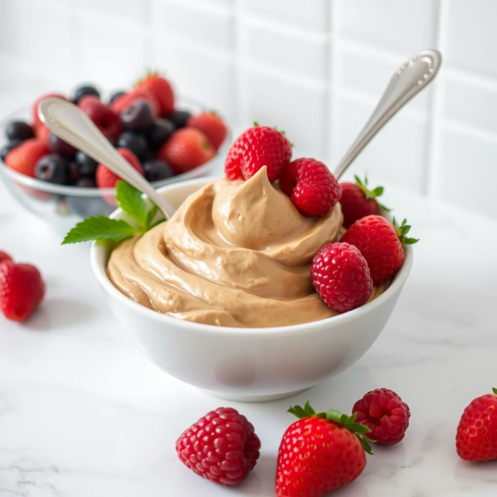 Mesa de cocina con mousse de maní y frutas.