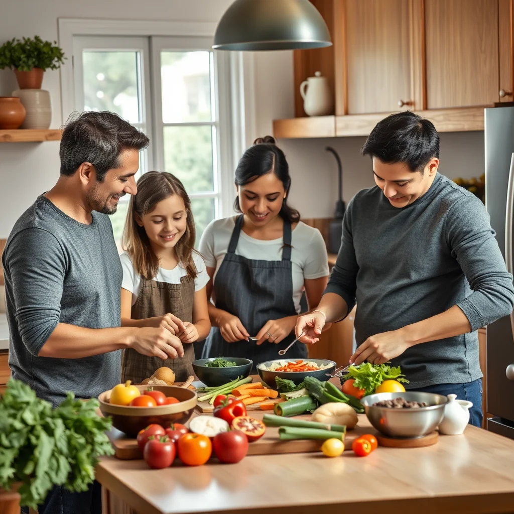 Familia preparando ingredientes keto en la cocina.
