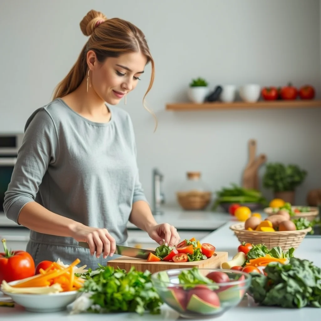 Una mujer preparando una ensalada colorida en la cocina.