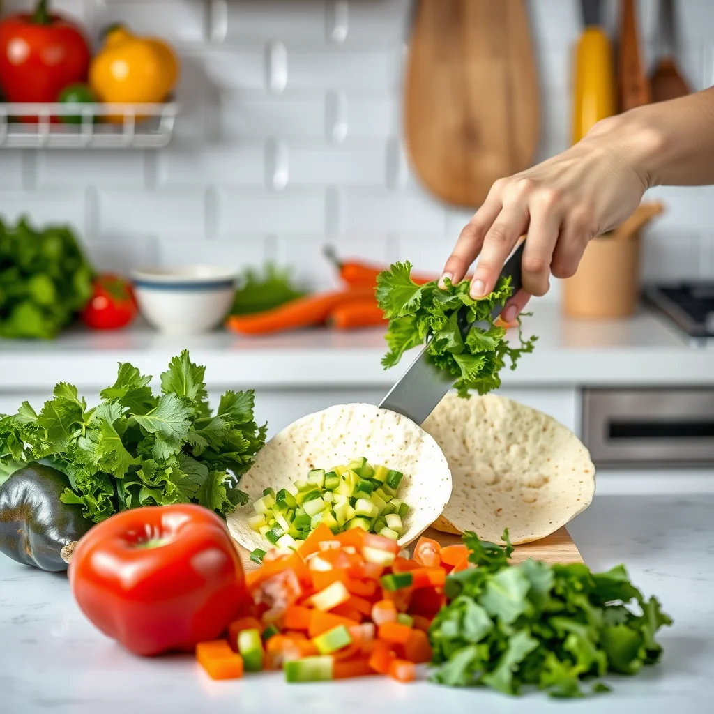 Cocina vibrante con verduras frescas picadas.