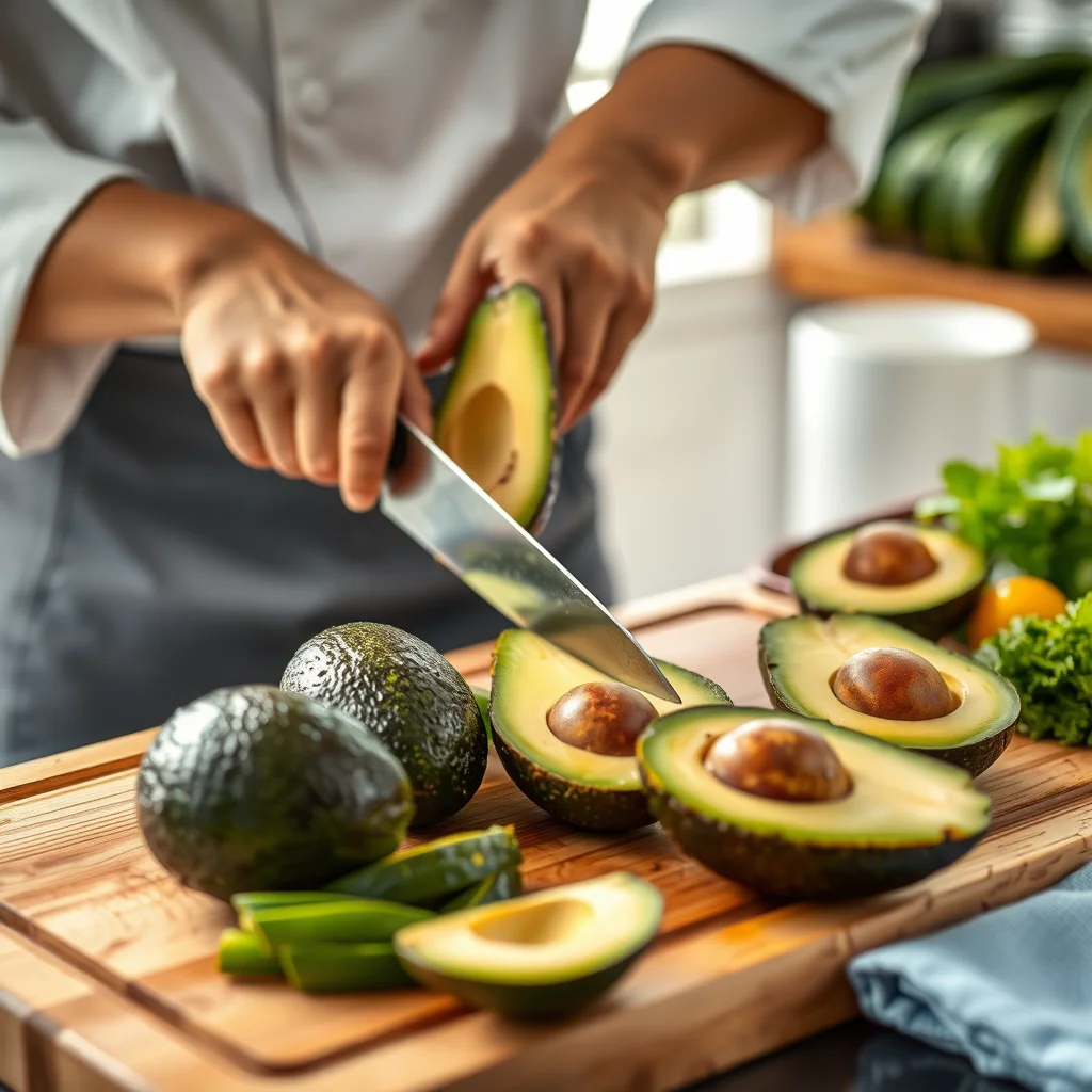 Chef cortando aguacates en una cocina iluminada.