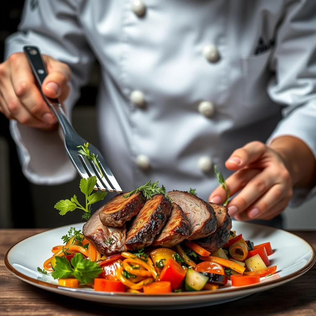 Chef preparando un plato keto gourmet.