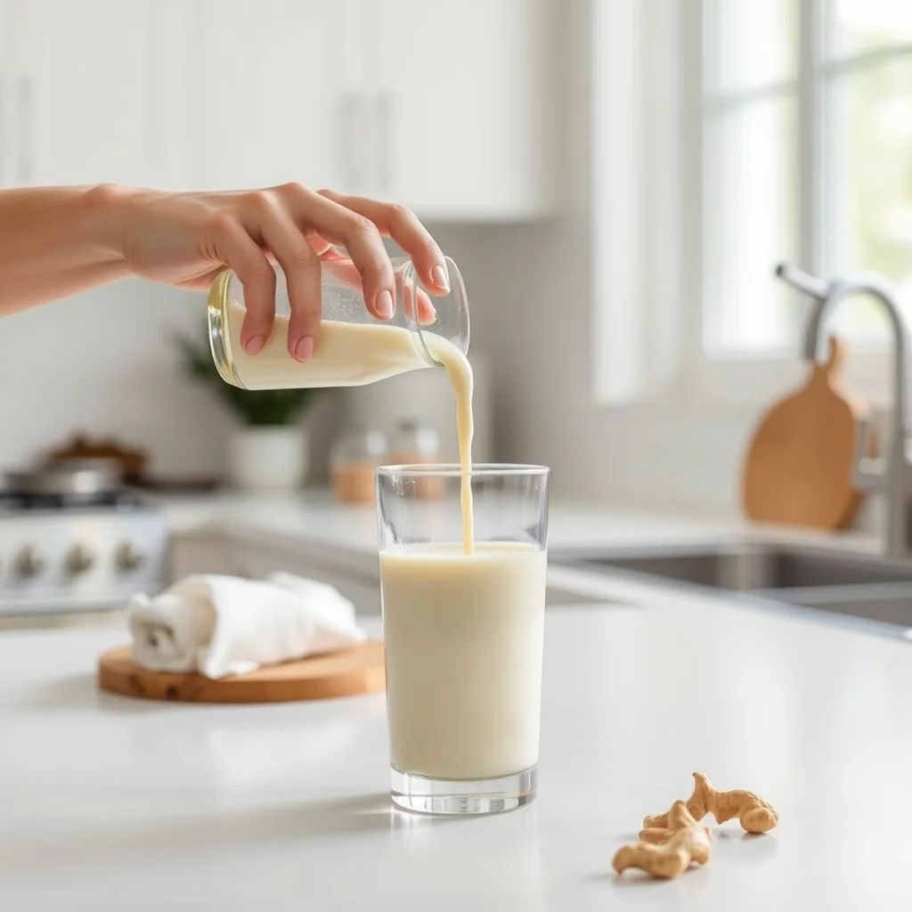 Persona sirviendo leche de anacardo en cocina