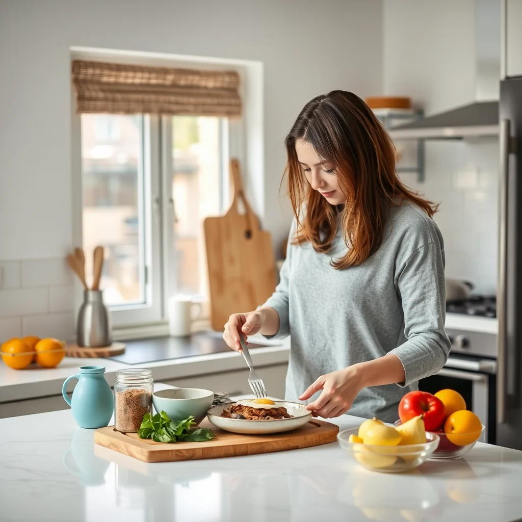 Cocina brillante con persona preparando desayuno keto.