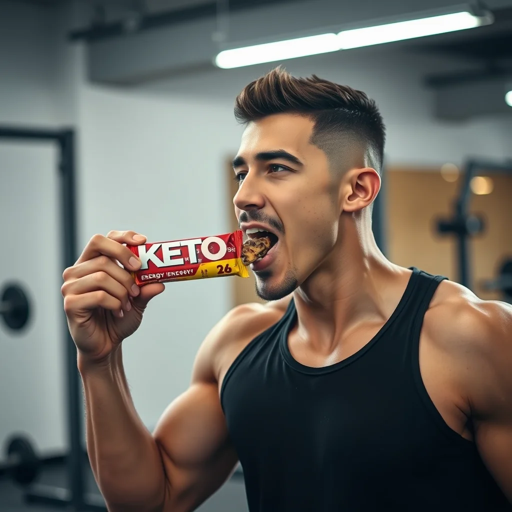 Atleta disfrutando barra energética en el gimnasio.