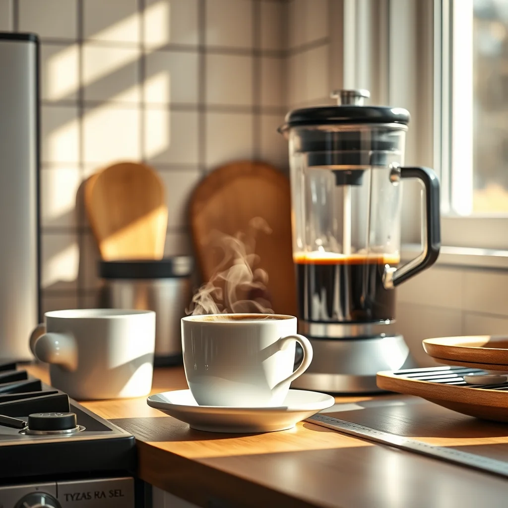 Cocina acogedora con café y licuadora.