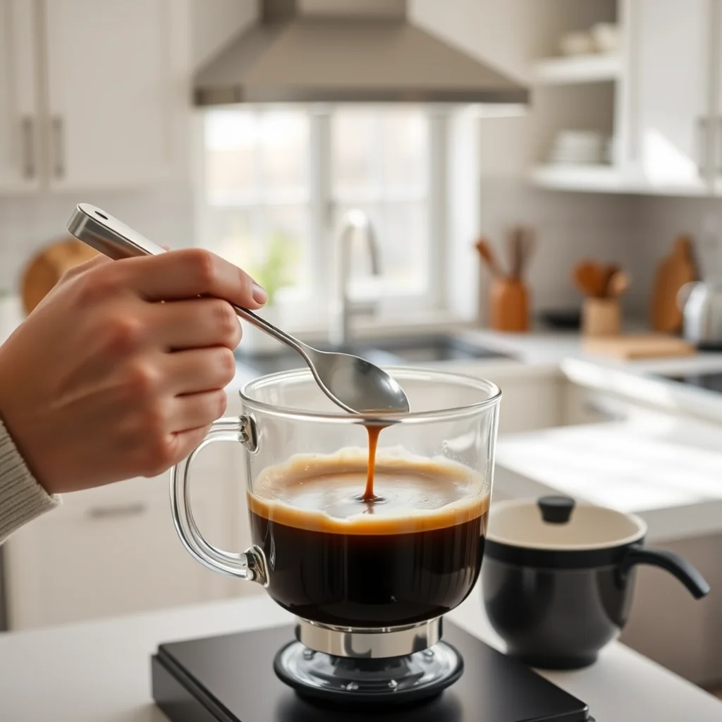 Persona mezclando café en una cocina iluminada.