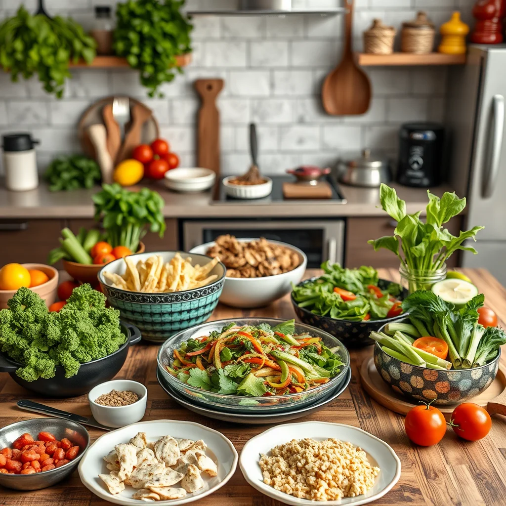 Mesa de cocina con ingredientes y platos keto.