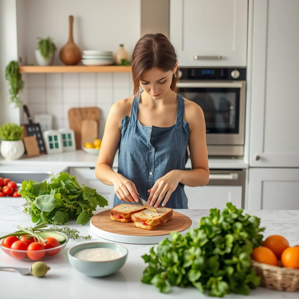 Mujer preparando tostadas keto en la cocina.