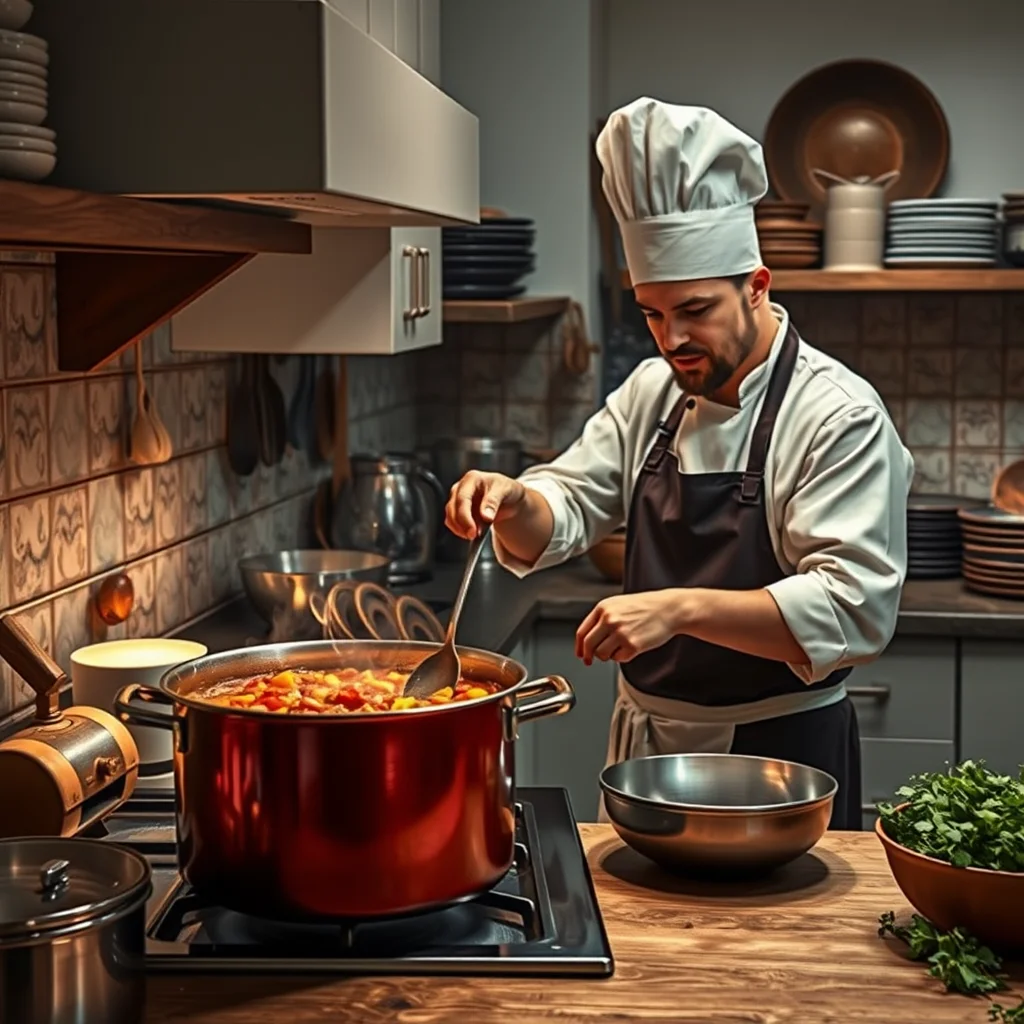 Cocinero preparando estofado en la cocina.