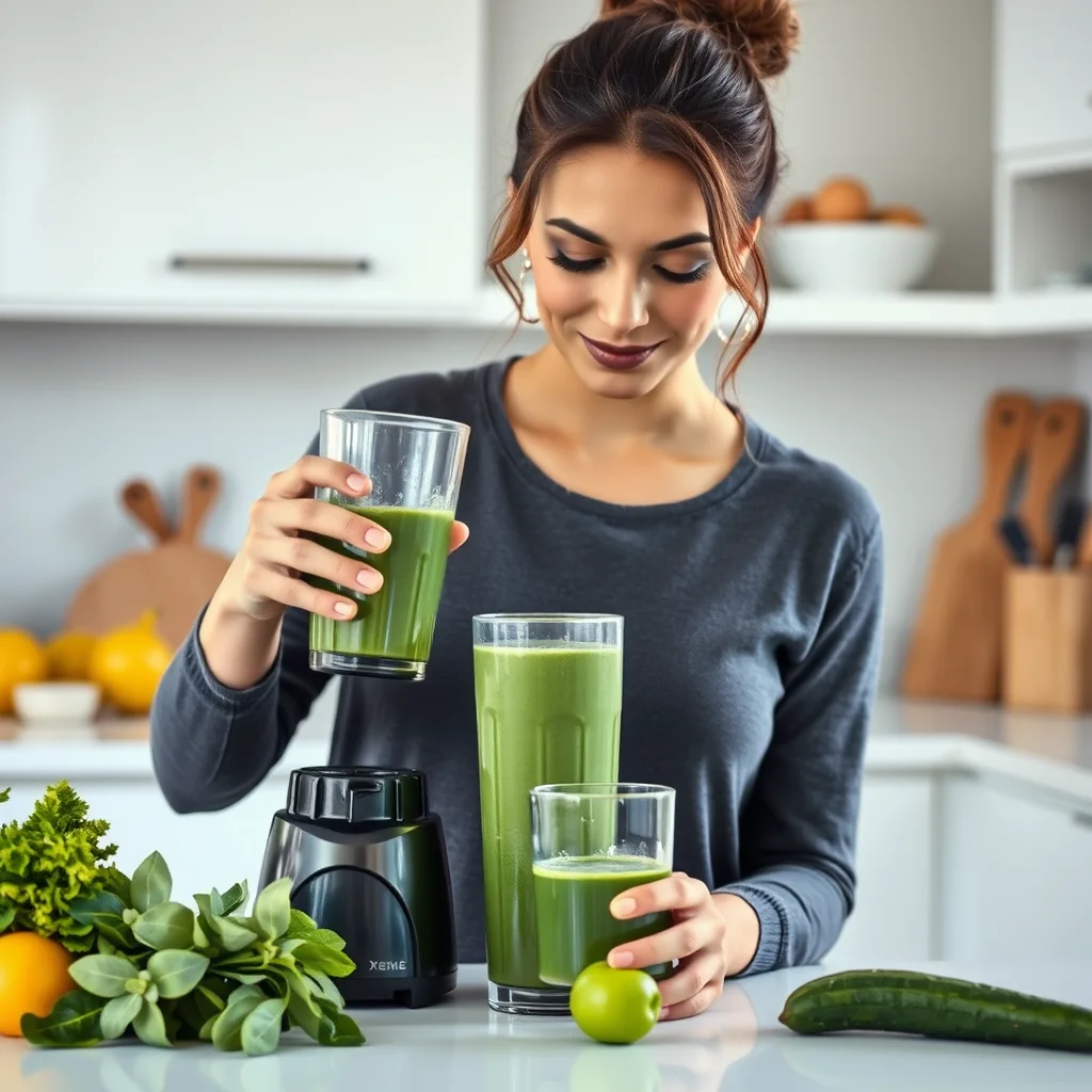 Mujer preparando batido keto en cocina brillante.