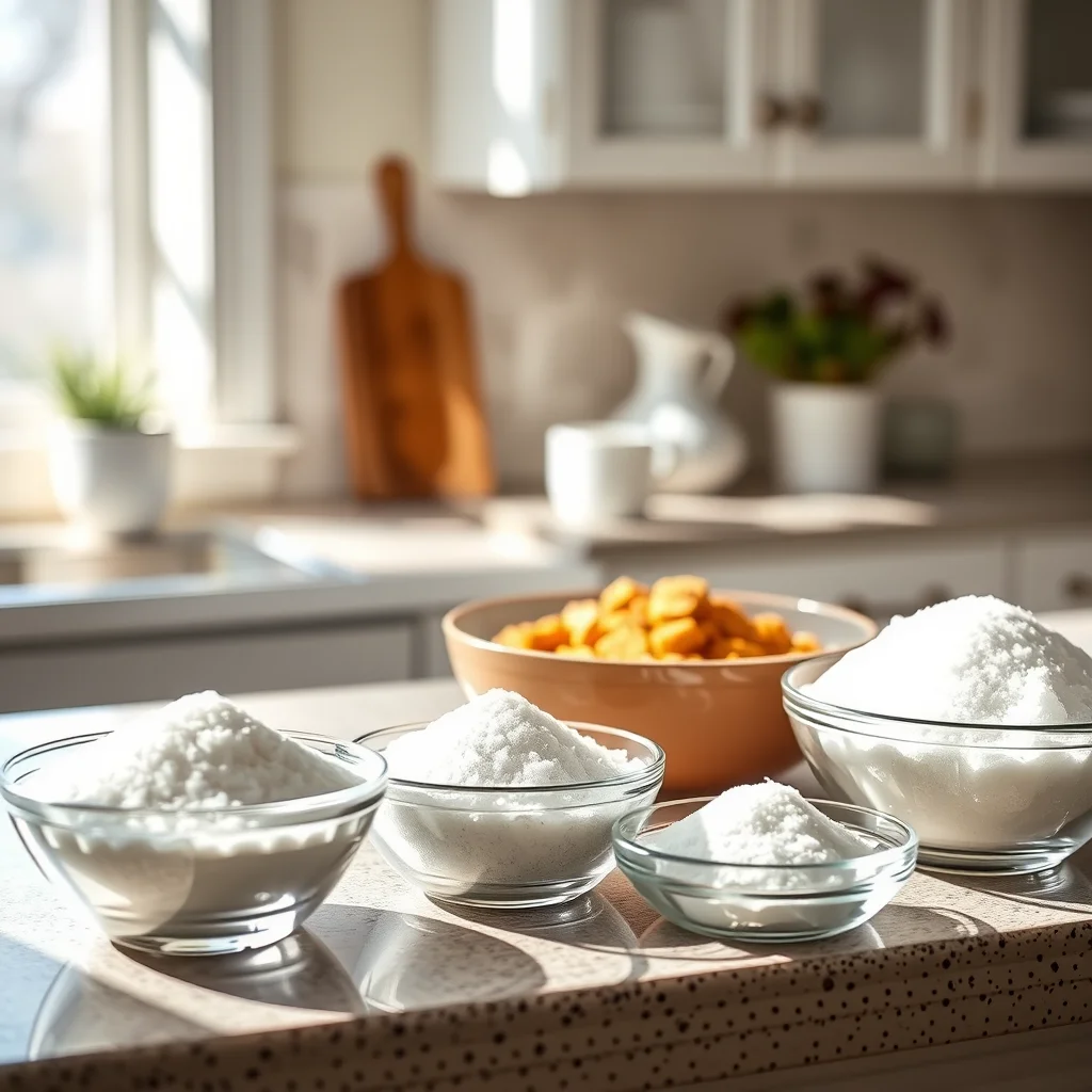 Mesa de cocina con endulzantes y azúcares.