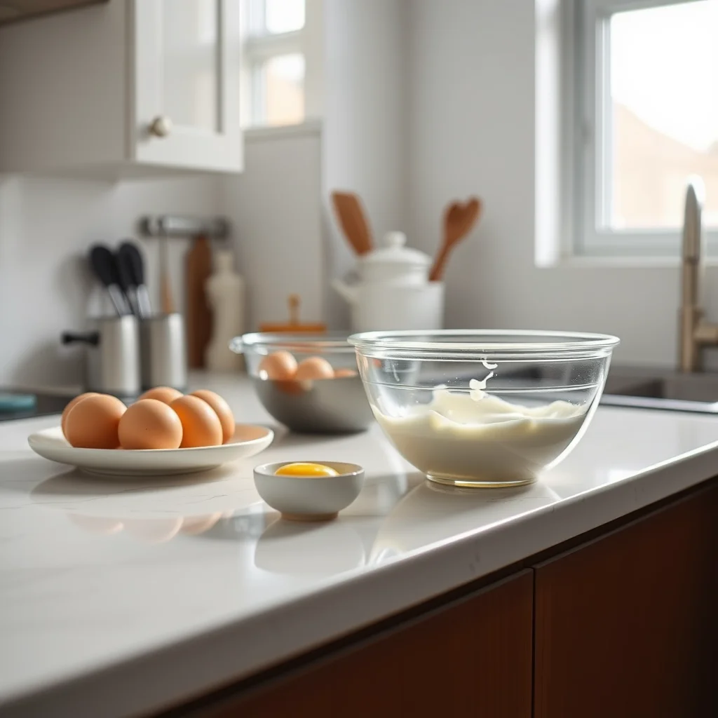 Cocina brillante con huevos y crema.