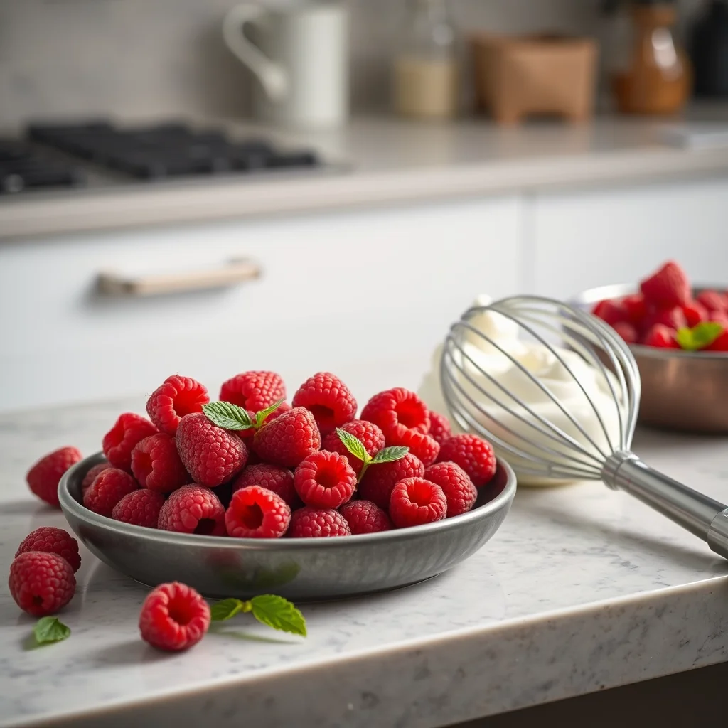 Ingredientes frescos para mousse de frambuesa.
