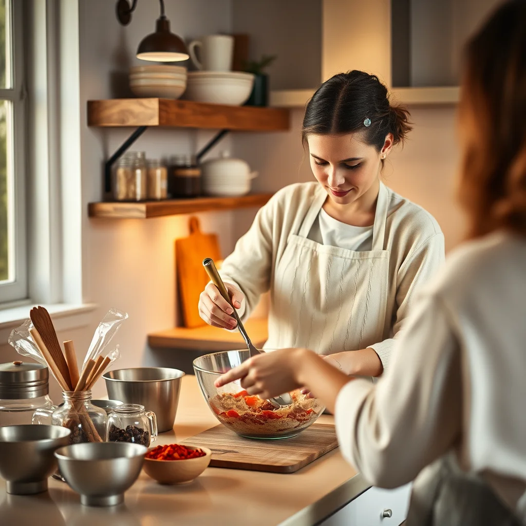 Cocina acogedora con persona mezclando ingredientes.