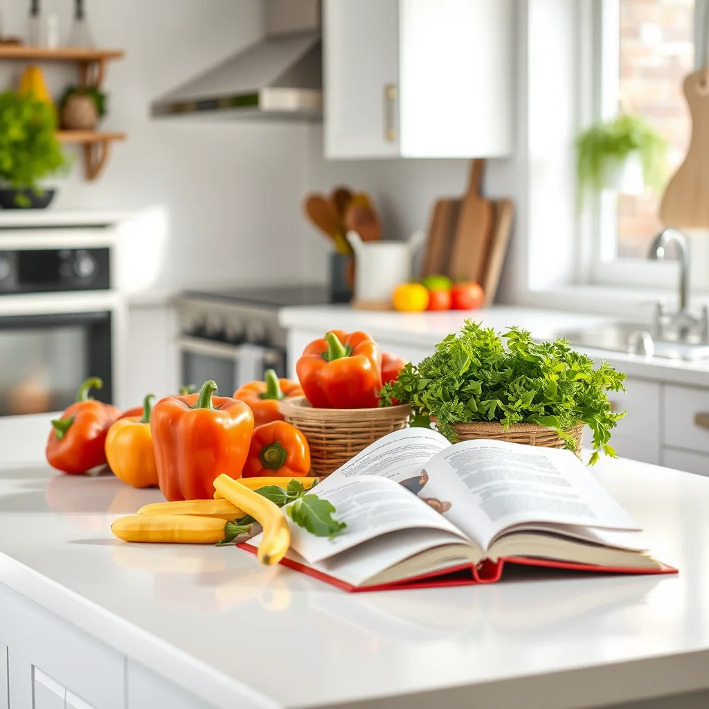 Cocina brillante con verduras frescas y un libro abierto.