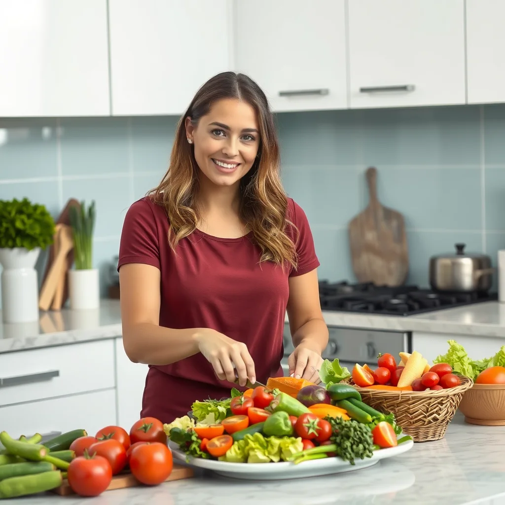 Mujer preparando un plato de verduras.