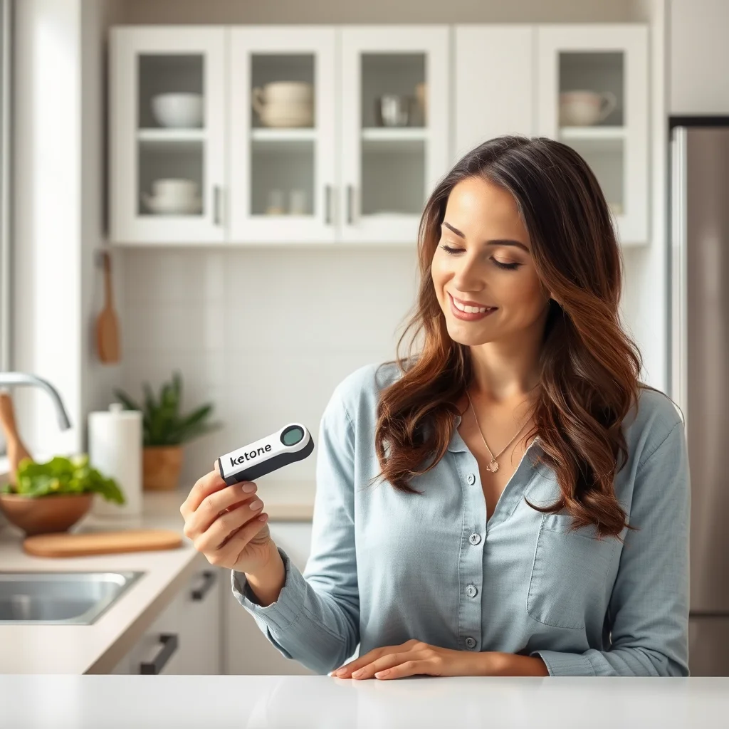 Mujer midiendo niveles de cetonas en cocina.
