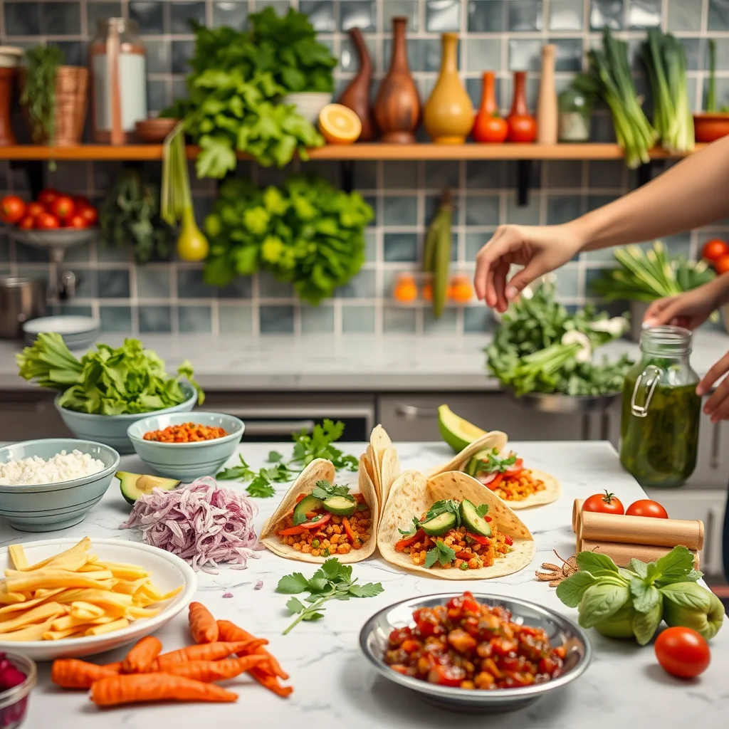 Cocina vibrante con ingredientes frescos para tacos.