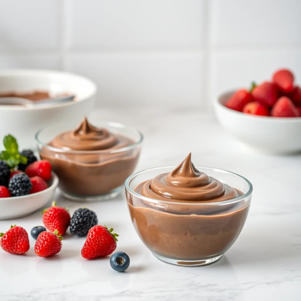 Mousse de chocolate en la cocina con frutas.